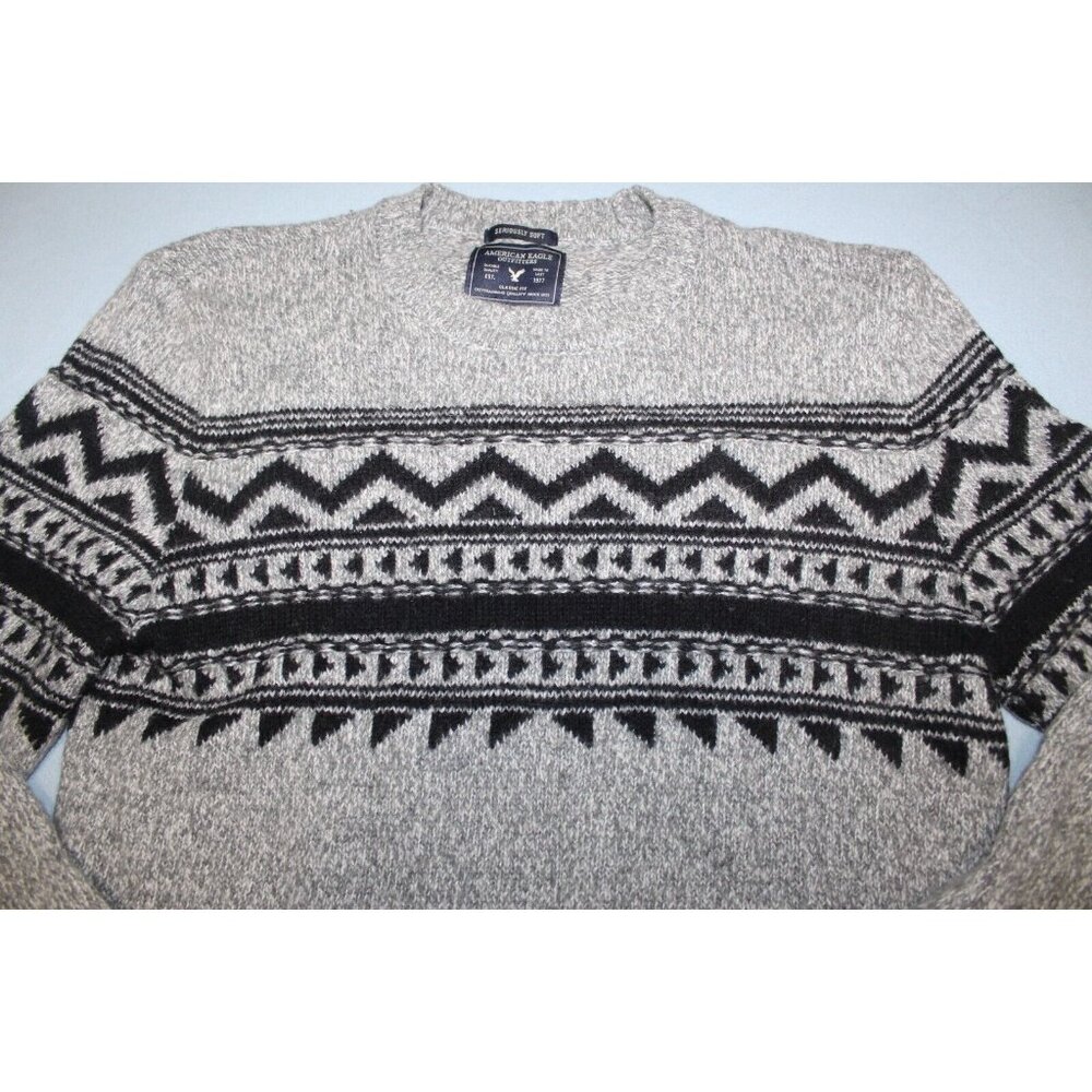 American Eagle Mens Grey Black Seriously Soft Fair Isle Wool Blend Sweater M - Picture 2 of 7